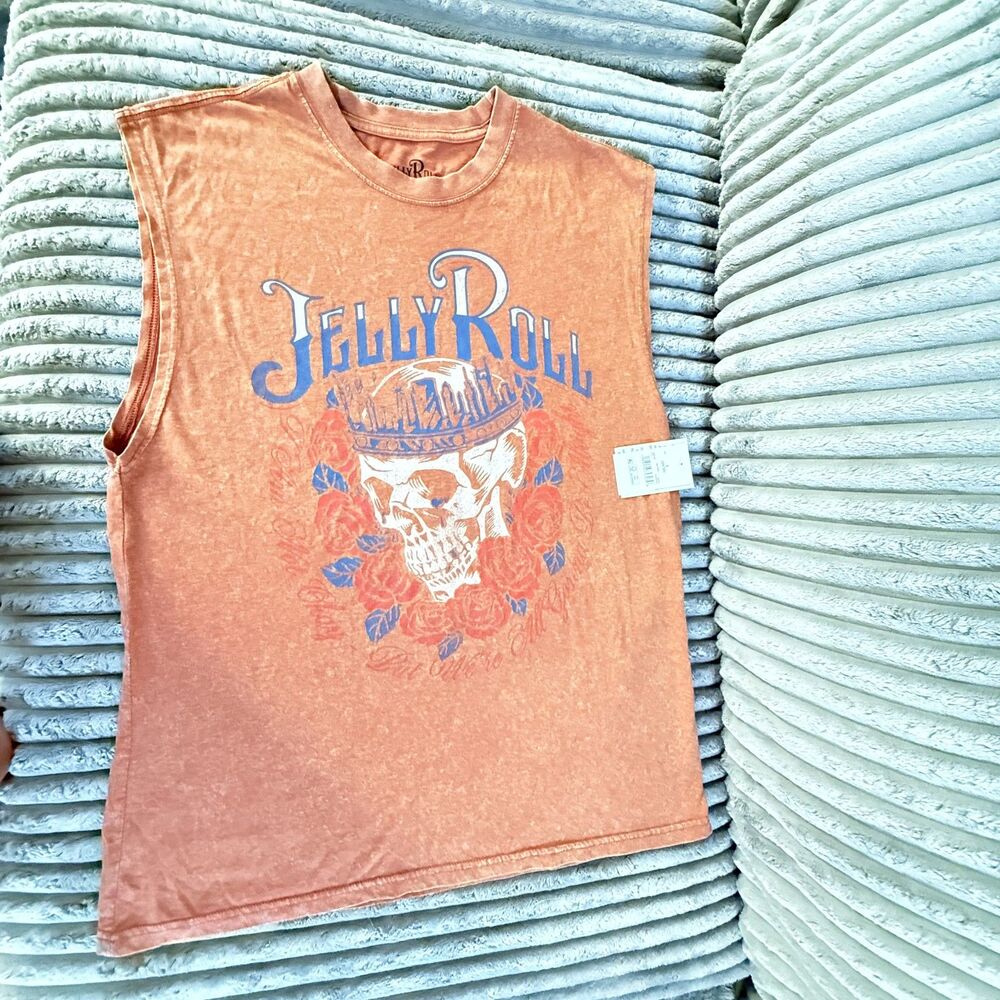 Jelly Roll Skull Roses Graphic Muscle Tank Mineral Wash Rust Men’s S